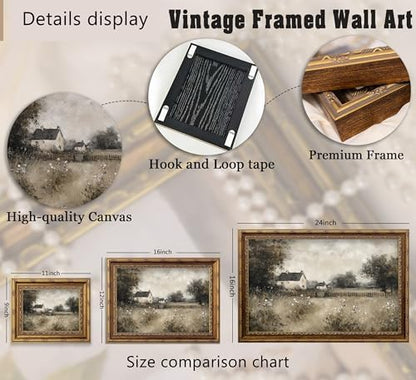 Vintage Gold Framed Wall Art, Country Cottage Landscape Oli Painting Canvas Print, Retro Neutral Rural House Picture Wall Decor, Rustic Farmhouse Poster Artwork for Nursery Bedroom Living Room