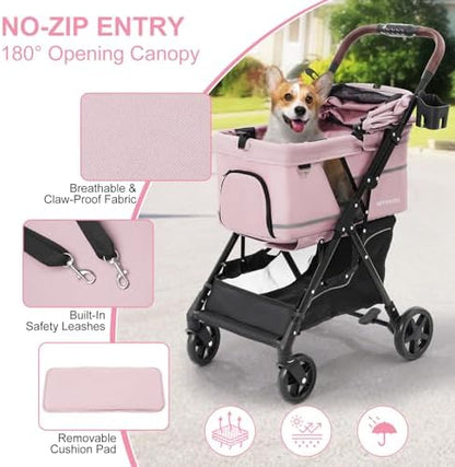 Dog Stroller with No-Zip Buckle Canopy, fits 2 Small Cats or 1 Medium pet,44 lbs Capacity One-Hand Fold,Lockable Front Wheels, Rear Brake