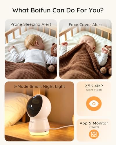 BOIFUN AI Baby Monitor with Camera and Audio, Safety Alerts (Tummy Sleeping & Face Area), WiFi Smartphone APP Control, Colorful Night Light, 2K HD Night Vision, Motion & Cry Detection, Two-Way Talk