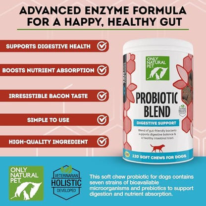 Only Natural Pet Probiotic Dog and Cat Supplement - Digestive & Gut Health Enzyme Formula, Puppy & Canine Digestive Chews, Best for Stomach Relief & Gas Aid - Soft Chews, 120 Count.