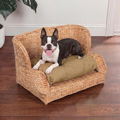 DBD1004B Handwoven Water Hyacinth Pet Daybed with Machine-Washable Cushion, 27.5" x 18" Wicker Sofa for Small to Medium Dogs and Cats, Vintage Style Elevated Pet Bed, Light Brown