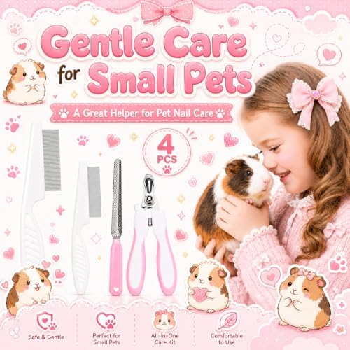 Guinea Pig Brush Kit Hamster Cleaning Grooming Comb with Nail Clipper Trimmer, Nail Files - Professional Small Animal Grooming Tool for Rabbit, Bunny, Puppy, Kitten, Ferret