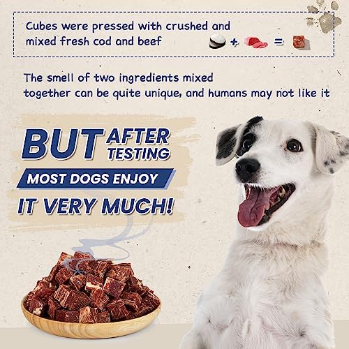 PAWUP Dog Treats Training Rewards, Beef Cod Cubes, 1% Taurine Added, 12.5 oz, Rawhide Free, Grain Free, Low Fat Dog Training Rewards and Snacks, No Additives