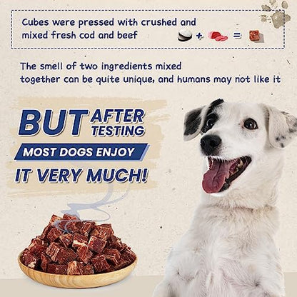PAWUP Dog Treats Training Rewards, Beef Cod Cubes, 1% Taurine Added, 12.5 oz, Rawhide Free, Grain Free, Low Fat Dog Training Rewards and Snacks, No Additives