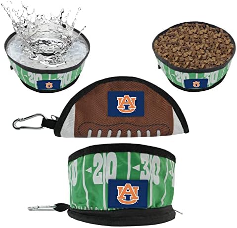 Pets First NCAA Auburn Tigers Collapsible Dog Travel Bowl, Food and Water Bowl for Dogs & Cats. Lightweight Leak-Proof Pet Bowl for Travel with Football Field & Pebble-Grain Design