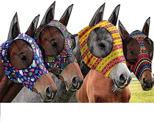 Frienda 4 Pcs Horse Fly Mask with Ears Mesh Comfort, Geometric, Medium