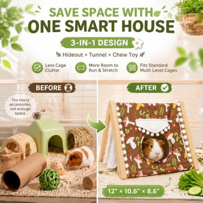 Guinea Pig House, Bamboo Hideout with Window, Bottomless Cage Accessory