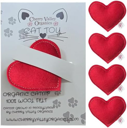 Catnip Toy – Heart Shape, Organic Catnip, 100% Wool Felt, Grown & Made in The USA - Red, 4 Pack