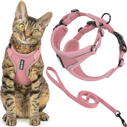 Voyager Escape-Proof Step-in Lock Cat Harness & 5ft Neoprene-Handle Leash Set All-Weather Mesh with Reflective Stitching for Small to Large Cats by Best Pet Supplies, Pink (327), XXXS