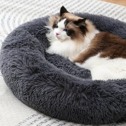 Round Donut Cat Bed Dog Bed Plush Calming Pet Beds Fluffy Rabbit Cave Warm Dog Couch Non Slip Bottom for Pets Up to 18KG