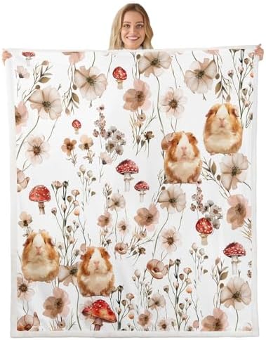 Erosebridal Kids Guinea Pig Blanket Throw 50"x60",Kawaii Mushroom Blankets and Throws for Girls Boys,Pet Animal Print Fleece Blanket Country Style Flower Sherpa Blanket for Bed Couch Decor