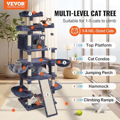 VEVOR Cat Tree for Indoor Cats, 68.5" Cat Tower with 2 Cat Condos, Sisal Scratching Post, Hammocks, Top Perches, Jumping Platforms and Ramp, Cat Furniture Activity Center with Hang Balls, Dark Grey