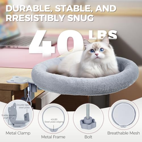 Cat Desk Bed,Steel Cat Bed for Desk,Easy to Assemble,Machine Washable and Detachable Easy to Clean,180° Rotating Cats Hammock Desks for Office Game Tables,Supports to 40lbs(Gray)