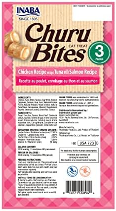 INABA Churu Bites for Cats, Soft Baked Chicken Churu Filled Cat Treats with Green Tea Extract, 0.35 Ounces Each Tube, 9 Tubes Total, Tuna with Salmon Recipe