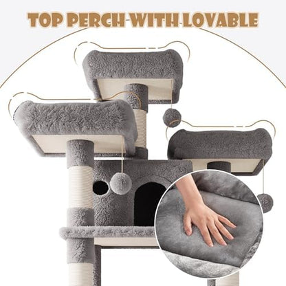 SHA CERLIN 81 Inches Extra Large Cat Tree for Indoor Adult Cats/XXL Big Cat Tower with Condo/Cozy Perches/Sisal Scratching Posts and Hammocks/Activity Center/F80/Heavy Duty/Grey