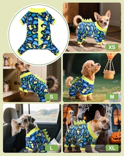 CuteBone Dinosaur Costume Dog Pajamas, Stretchy Spandex Crystal Velvet Sleepwear Coat for Small Dogs, Soft & Warm Pet Outfit Clothes for Cold Weather, Cozy Pullover Design COSP10S