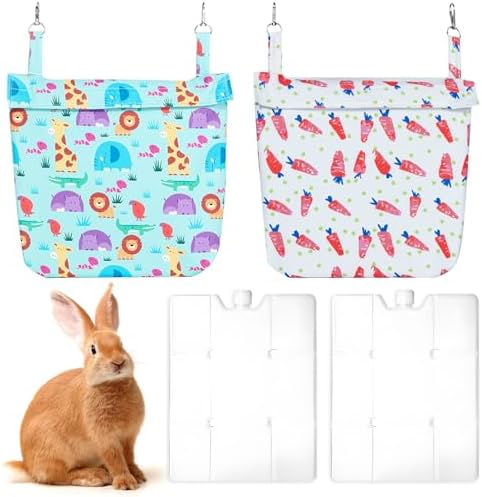 Hamiledyi Rabbit Cooling Pouch with Ice Pack - No Condensation Pad for Bunny Cage Accessories, Washable Cooling Mat for Small Animals,Ferret, Guinea Pig, Chinchilla(Carrot and Animal Pattern, 2kits)
