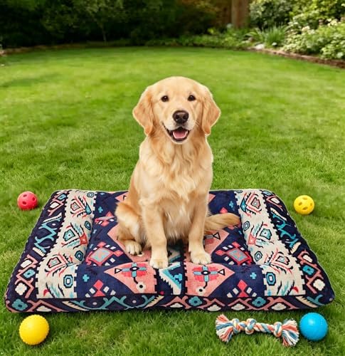Washable Dog Crate Bed, Pet Cushions, Ultra Soft & Anti-Slip Crate Pad, Cozy Kennel Mat for Large/Medium/Small Dogs, Plush & Bohemian Dog Bed Mat (Pink, 34.0" L x 22.0" W x 2.3" H)