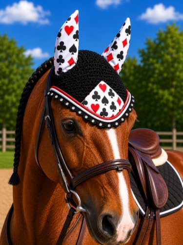 Horse Ear Bonnet for Horses, Floral Print Fly Bonnet with Crystal Edge, Handmade Crochet Fly Veil, Breathable Stretch Ears (Playing Card Print, Extra-Full)