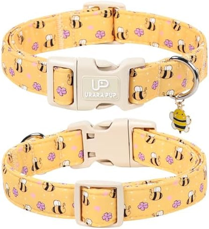 Bee Cotton Dog Collar, Summer Spring Bee Floral Pattern,Adjustable Soft Pet Collar with Cute Charm/Durable Buckle, Lightweight Comfortable for Small Medium Large Dogs