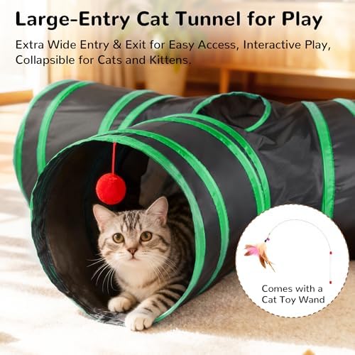 Tempcore Cat Tunnel, 3-Way Collapsible Toy for Indoor Cats, Black & Green