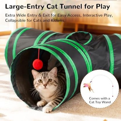 Tempcore Cat Tunnel, 3-Way Collapsible Toy for Indoor Cats, Black & Green