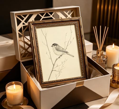 Vintage Gold Framed Bird Wall Art, Minimalist Bird on Branch Sketch Canvas Print, Spring Nature Line Drawing Wall Decor, Antique Animal Beige Picture Poster, Rustic Farmhouse Artwork for Living Room