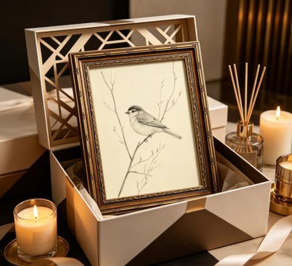 Vintage Gold Framed Bird Wall Art, Minimalist Bird on Branch Sketch Canvas Print, Spring Nature Line Drawing Wall Decor, Antique Animal Beige Picture Poster, Rustic Farmhouse Artwork for Living Room