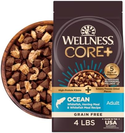 Wellness CORE+ Adult Dry Dog Food with Freeze Dried Pieces, Grain Free Kibble+, Natural, High Protein, Chicken Free, Whitefish, Herring, and Salmon Recipe, 4 lb Bag