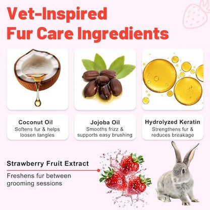 Rabbit Detangler & Conditioner Spray – Quickly Removes Tangles | Softens & Moisturizes Fur with Coconut & Jojoba Oils | Gentle for Small Pets, Leave in, 3.38 fl oz (Strawberry)
