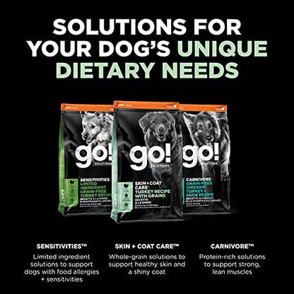 Go! Solutions Skin + Coat Care Turkey Dry Dog Food with Grains, Chicken-Free, Healthy Kibble with Omega-3s & 6s for Soft, Shiny Fur, for Puppies, Adults, & Seniors, 3.5 lb Bag