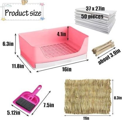 kathson Large Rabbit Litter Box with Drawer, Bunny Potty Trainer Corner Toilet Guinea Pig Litter Box Bigger Pet Pan with Grass Mat for Chinchilla, Ferret, Hamster (Pink)