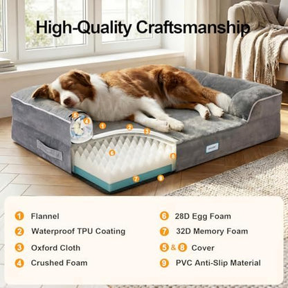 OhGeni Orthopedic Medium Large Dog Bed Sofa, Memory Foam, 35-inch (Gray)