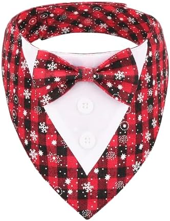 ADOGGYGO Christmas Dog Tuxedo Bandana, Red Plaid Pet Chritstmas Tux with Bowtie Adjustable Christmas Formal Costume for Small Dogs Pets (S)