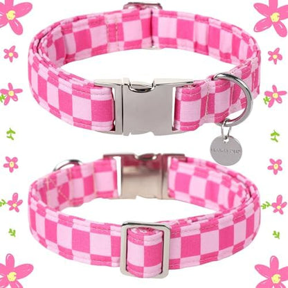 Dog Collar for Summer,Cute Pink Plaid Dog Collar,Cotton Puppy Collar with Adjustable Metal Buckle for Small,Medium,Large Girl Boy Dog