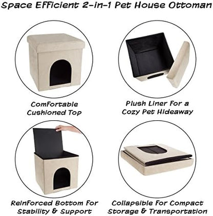 Pet House Ottoman - Collapsible Multipurpose Small Dog or Cat Bed Cube and Footrest with Cushion Top and Interior Pillow by PETMAKER (Microsuede Tan)