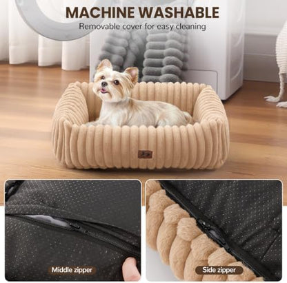 Cute Dog Bed for Small Dogs & Cats,Washable Fluffy Cat Beds for Indoor Cats, Rectangle Orthopedic Memory Foam Puppy Beds with Anti-Slip Bottom, 20 x19 x 7 Inches, Camel