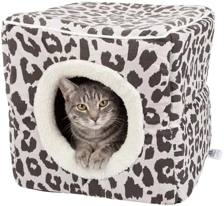 Cat House - Indoor Bed with Removable Foam Cushion - Cat Cave for Puppies, Rabbits, Guinea Pigs, and Other Small Animals by PETMAKER (Animal Print)