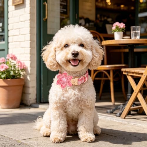 Elegant little tail Dog Collar with Flower, Pink Gingham Flower Girl Pet Collars for Female Dogs Plaid Pet Adjustable Puppy Collars with Flowers for Small Medium Large Dogs