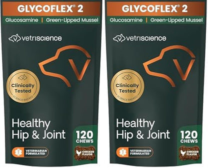 VetriScience Healthy Hip & Joint Chews, GlycoFlex Glucosamine and Green-Lipped Mussel Joint Support Supplement for Dogs, Promote Mobility and Protect Joints, Chicken, 120 Count (Pack of 2)