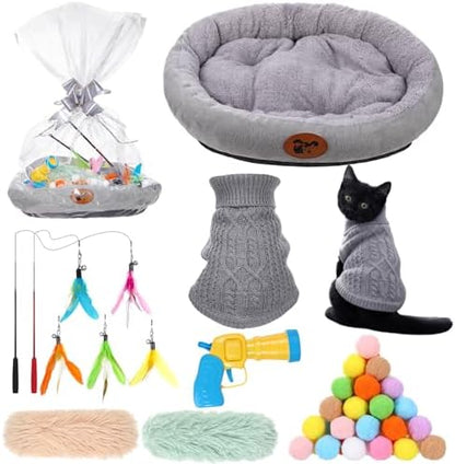 Zopeal 59 Pcs Cat Gift Set Bed Sweater Feather Wand Toy Launcher Gun