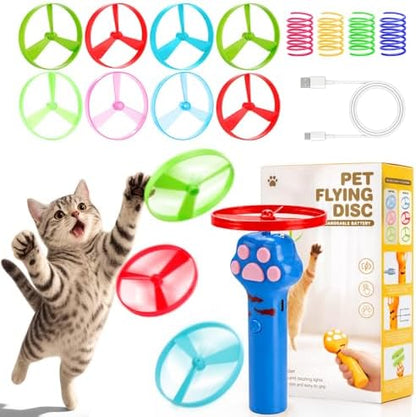 BABORUI Cat Toy Disc Launcher, Rechargeable Interactive Cat Fetch Toy Launcher with 8 Flying Discs, Flying Enrichment Toys for Indoor Bored Kittens & Adult Cats (Blue)