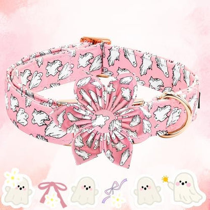 Elegant little tail Halloween Dog Collar, Pink Ghosts Print Dog Collar with Flower Puppy Collar Flower Female Cotton Adjustable Collars for Small Medium Large Dogs