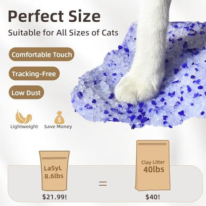 LaSyL Crystal Cat Litter for Multi-Cat Households - Silica Gel, 30-Day Odor Control, 99.9% Dust-Free Non-Clumping Low Tracking Lightweight Unscented Formula 8.6 lb (2 Bags x 4.3lb)