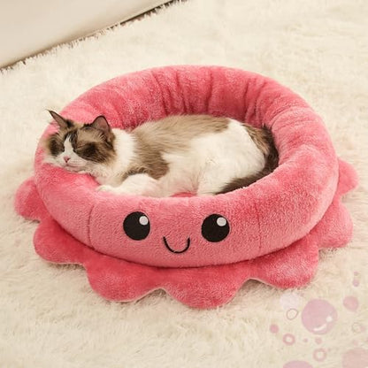 Jiupety Cute Calming Dog Beds Clearance for Medium Small Dogs, Anxiety Bolster Dog Bed with Octopus Shape, Pink, Red, Boho, Round Pet Bed Cat with Removable Cushion