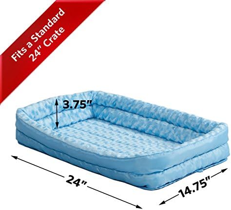 MidWest Homes for Pets Small QuietTime Double Bolster Pet Bed, Blue Plush 24-Inch Crate Mat with Stacked Bolsters, Machine Washable, Secure Fit with Elastic Straps