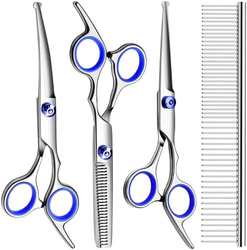 Dog Grooming Scissors Kit, Premium Stainless Steel Dog Shears with Curved Shears, Sharp Durable for Dogs Cats+Blue 3 Piece