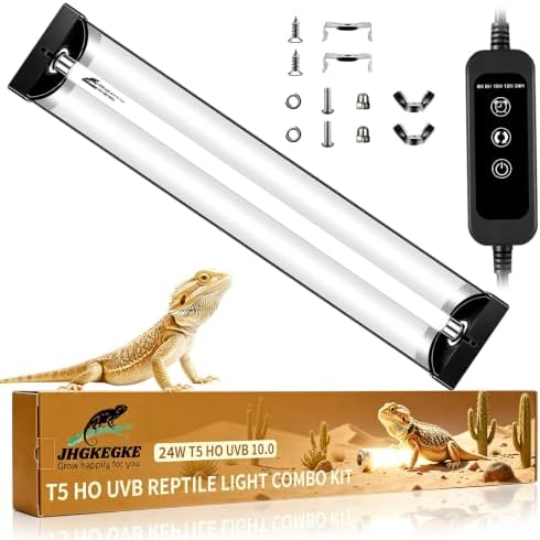 T5 10.0 UVB Reptile Light Fixture Combo Kit with Upgraded Timer Controller, 5 Timing 6H/8H/10H/12H/24H Auto Cycle, 24W High Output UVA UVB Light for Desert Bearded Dragon, Lizard, Turtle (22.7Inch)
