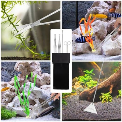 Segarty Longer Aquarium Aquascaping Tools, 4 in 1 Stainless Steel Silver Aquarium Tools Kit for Aquatic Plant Fish Tank, Scraper Spatula Feeding Tweezers Curved Scissors Anti Rust Aquascape Set