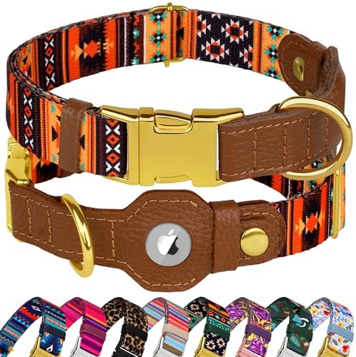 AirTag Dog Collar for Small Medium Large Breed - Adjustable Cute Pattern Dog Collar with Airtag Holder - Soft Leather Tracker GPS Apple Air Tag Pet Collars (Large, 17"-21" Neck Fit, Western)